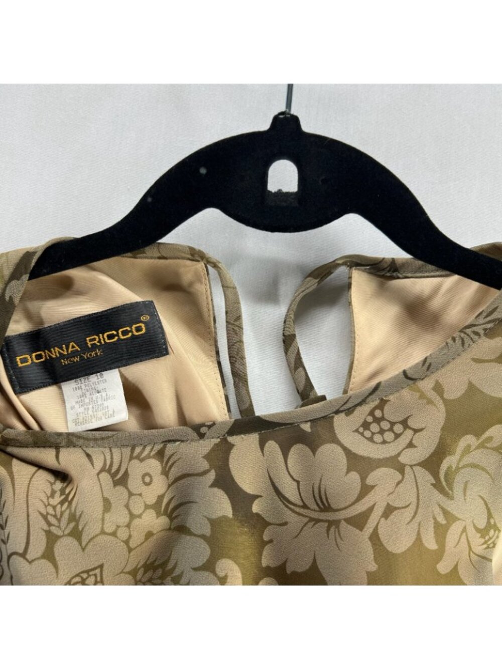 Donna Ricco Floral Chiffon A-Line Dress Womens 10 Tie Keyhole Sleeveless Vtg Tan - Picture 13 of 13